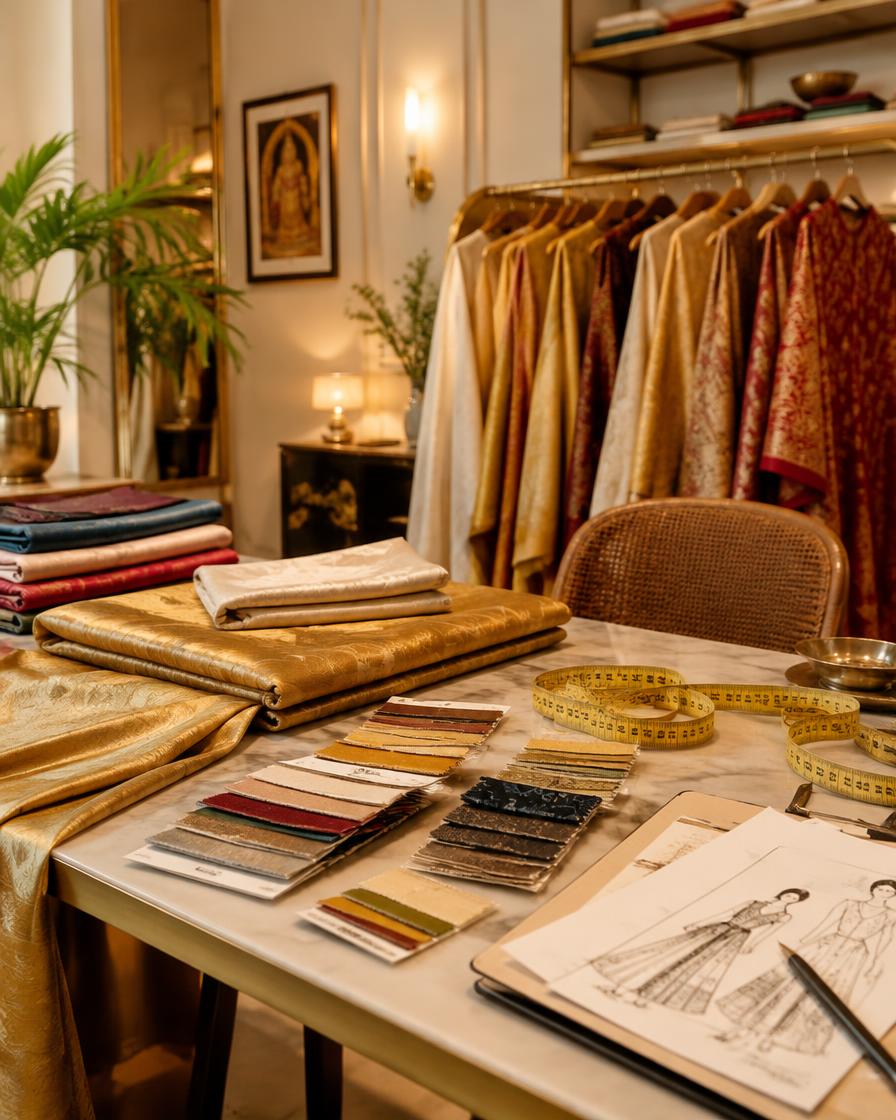 Designer studio with silk fabrics, swatches and sketches