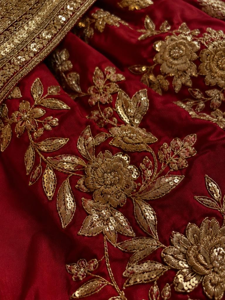 Gold zardosi embroidery on red lehenga fabric